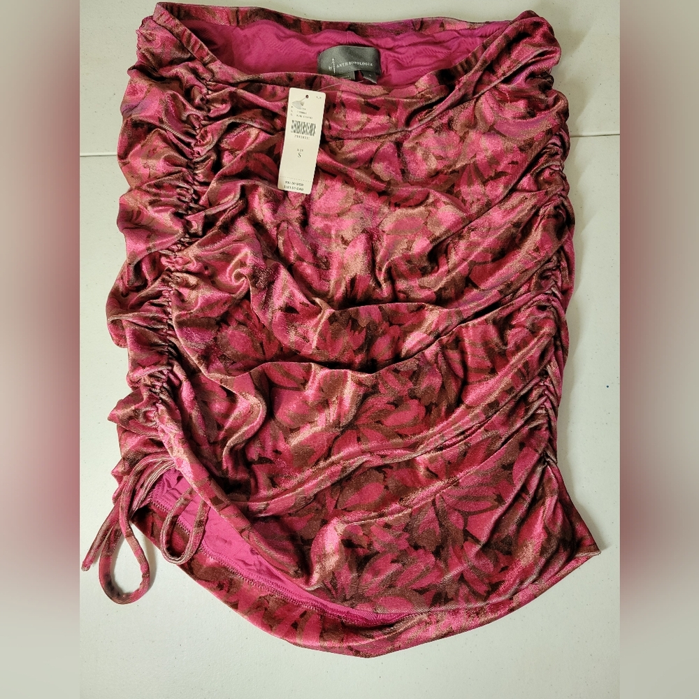 NWT Anthropologie Ruched Velvet Floral Mini Skirt Pull On Size S